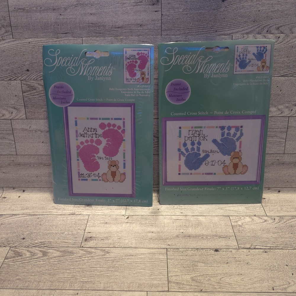Janlynn Baby Footprint Handprint Counted Cross Stitch Kit Boy‎ Girl Announcement